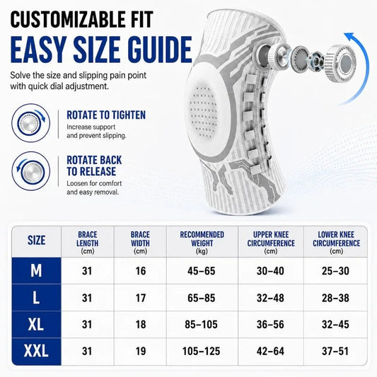 Size chart for the Magic Knee Brace, sizes M to XXL