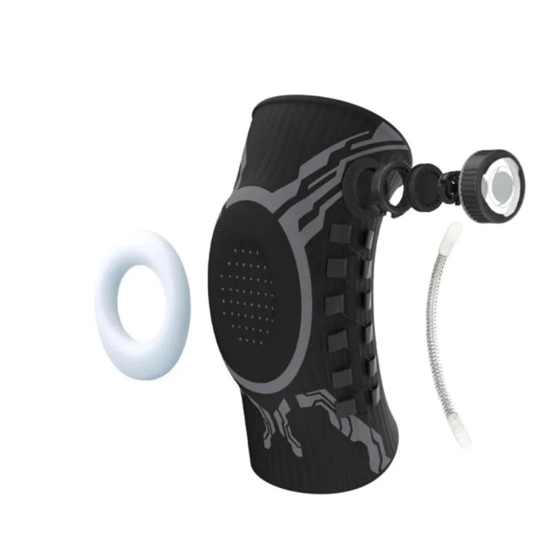 Black knee brace with its dial, side spring and gel ring shown separately