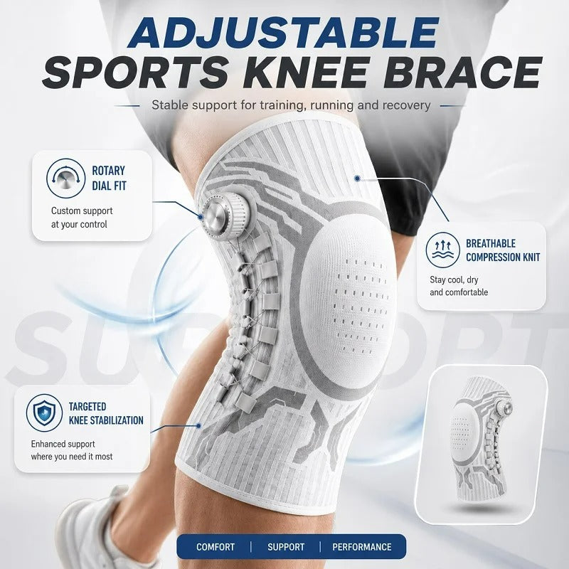 White dial knee brace worn on the knee with rotary dial and side lacing