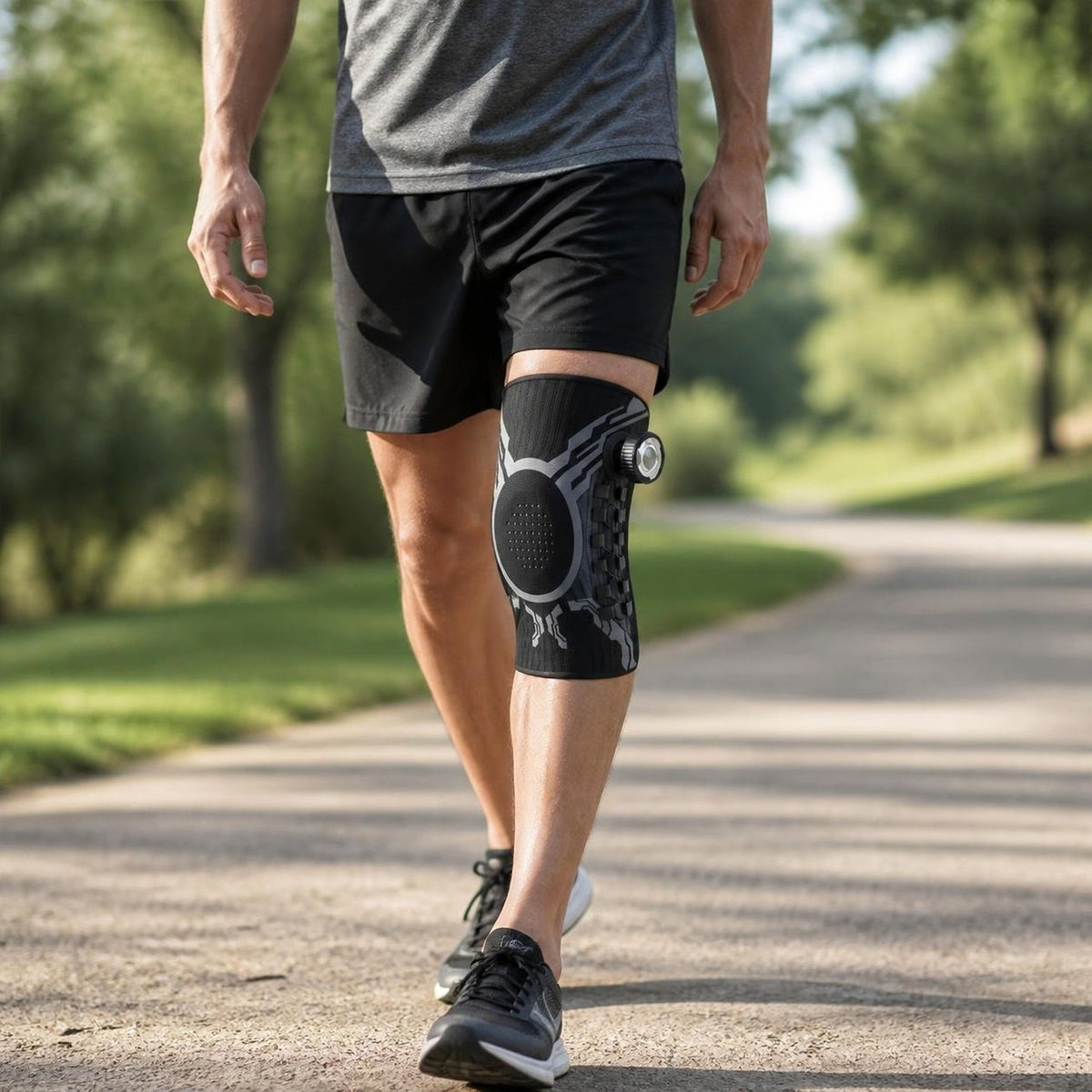 Black Magic Knee Brace worn on a brisk walk