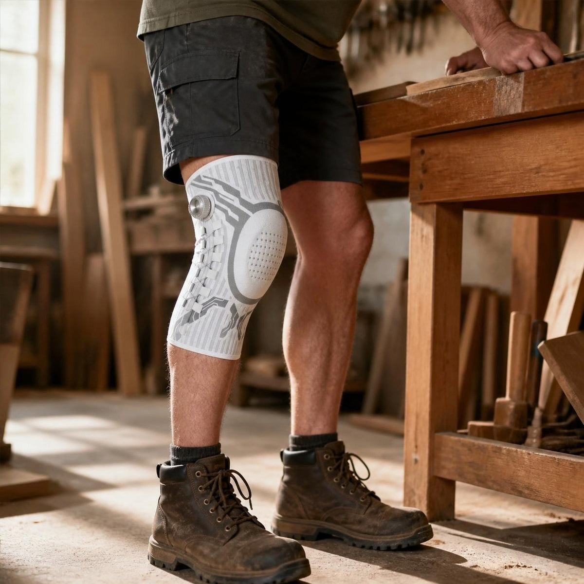 White Magic Knee Brace worn while standing at a workbench
